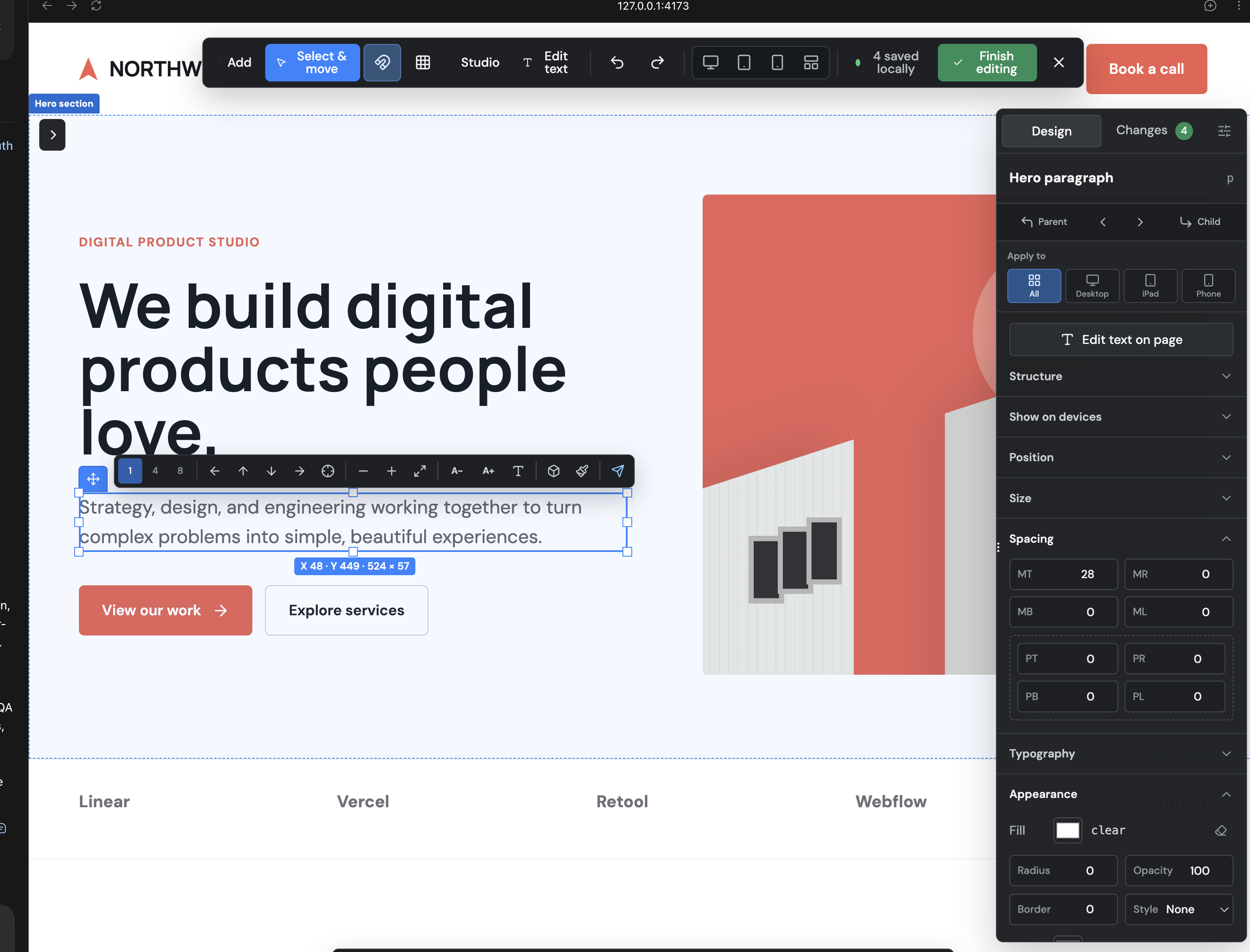 Visual Truth editing a paragraph with exact canvas controls and a docked design inspector