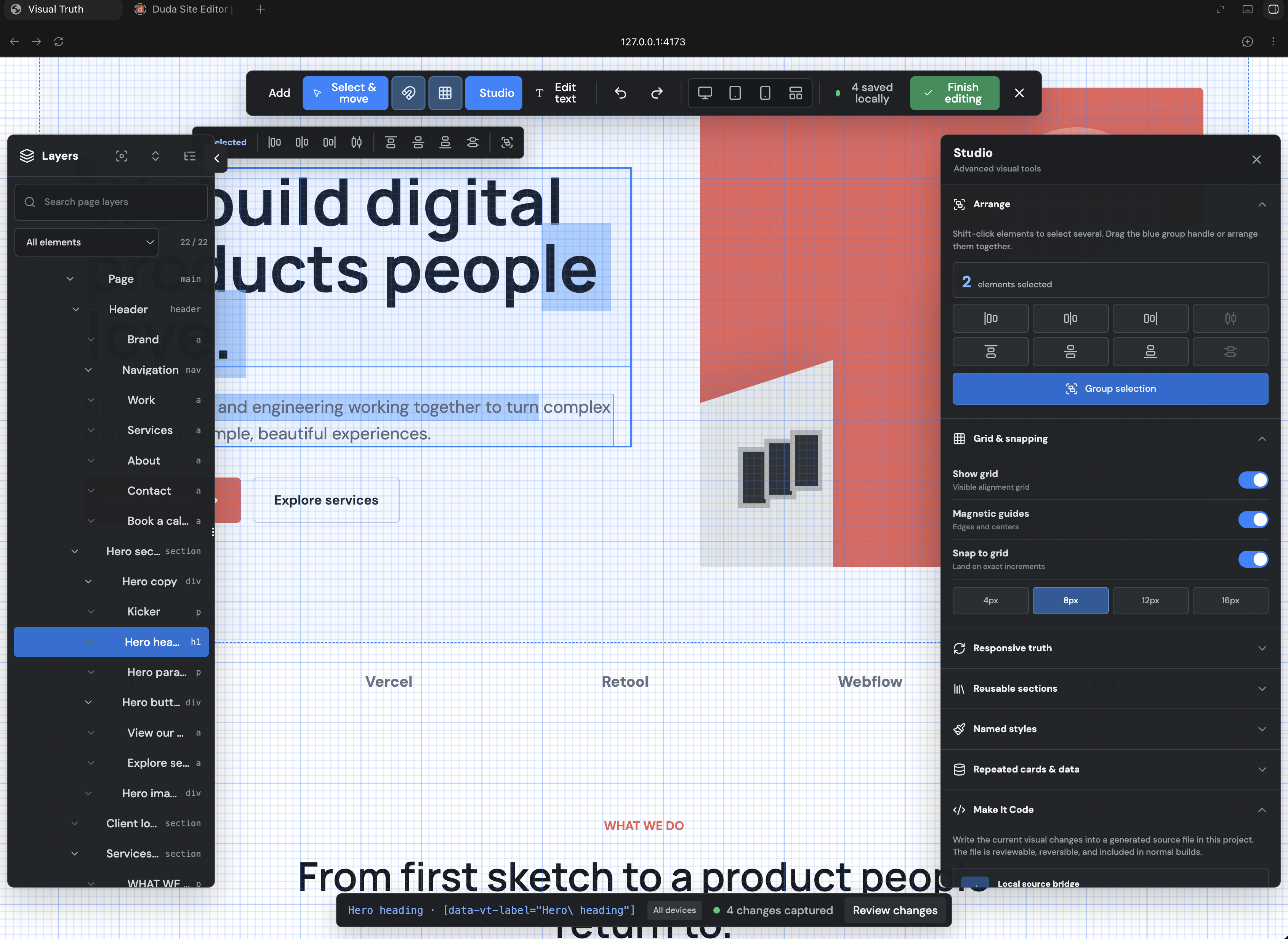 Visual Truth Studio showing multi-selection, grid snapping, reusable sections, named styles, and Make It Code
